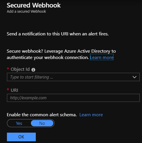 显示 Azure 门户中“受保护的 Webhook”对话框的屏幕截图,其中包含“对象 ID”框。