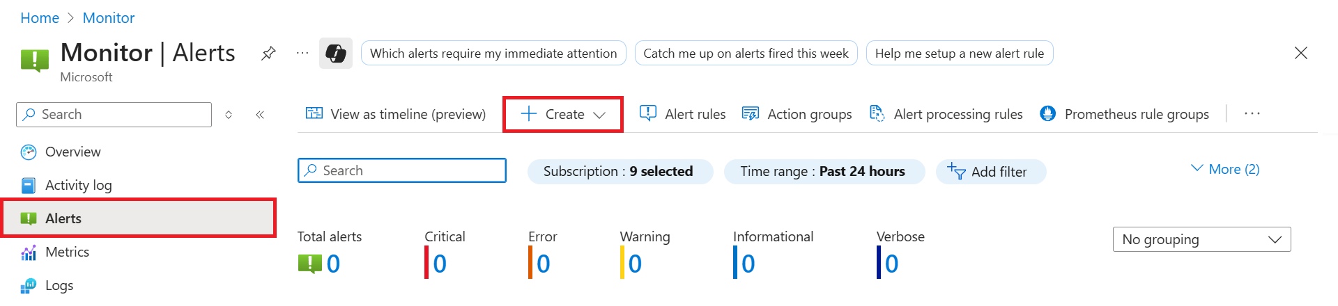 Azure 门户中“警报”页的屏幕截图,其中突出显示了“操作组”按钮。