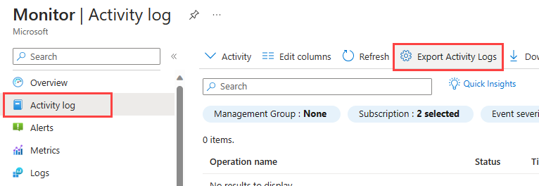 Azure Monitor 菜单的屏幕截图,其中已选择“活动日志”,并且在“监视 - 活动日志”菜单栏中突出显示了“导出活动日志”。
