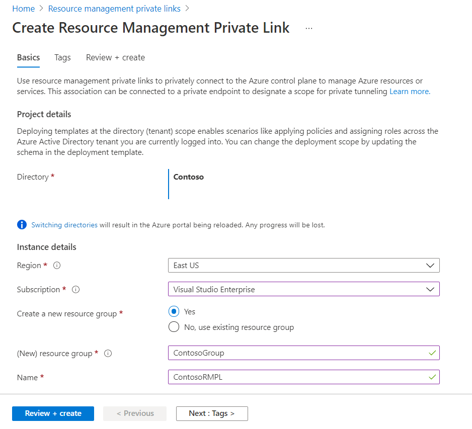 Azure 门户的屏幕截图,其中有为新资源管理专用链接提供值的字段。