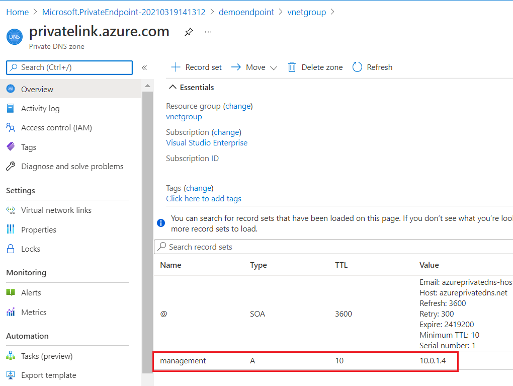 Azure 门户的屏幕截图,其中显示了专用 DNS 区域资源及其名为“管理”的记录集和本地 IP 地址。