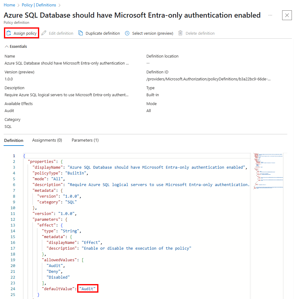分配仅 Microsoft Entra 的 Azure Policy 身份验证的屏幕截图。