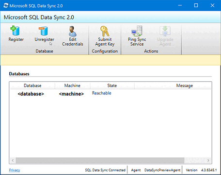 Microsoft SQL 数据同步 2.0 应用程序的屏幕截图,显示 SQL Server 数据库和计算机现已注册。