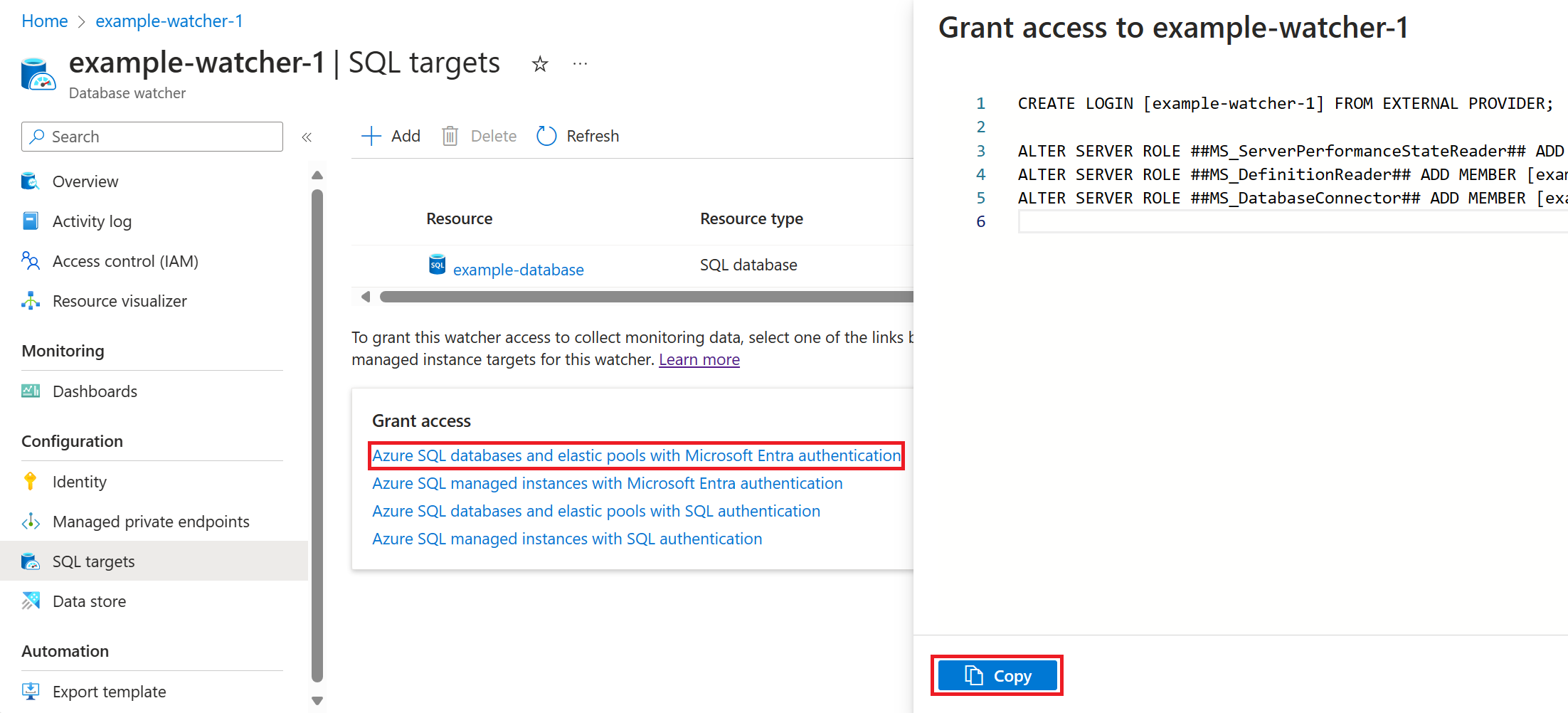 观察程序的目标页的屏幕截图,其中显示了授予对 SQL 数据库或弹性池上的观察程序的访问权限的 T-SQL 脚本,以及将其复制到剪贴板的按钮。