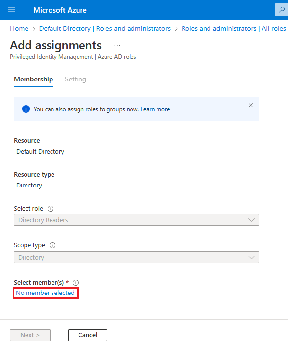 Azure 门户的“添加分配”页的屏幕截图,其中突出显示了“未选择成员”。