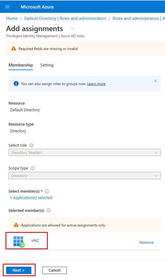 Azure 门户中“添加分配”页的屏幕截图,其中 VM2 已添加为分配。