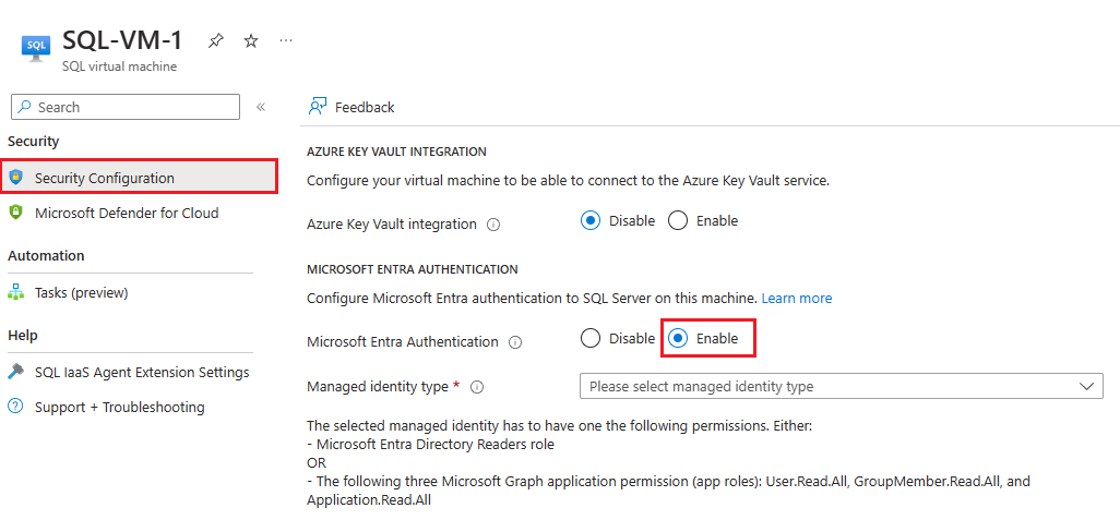 屏幕截图,其中显示了 Azure 门户中 SQL VM 的安全配置页,页面上“Microsoft Entra 身份验证”被选中。
