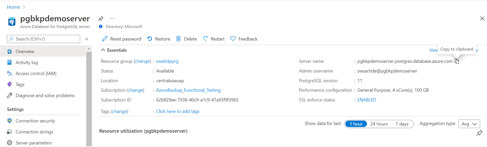 显示 Azure 门户中的 Azure PostgreSQL 资源视图(包括服务器名称)的屏幕截图。