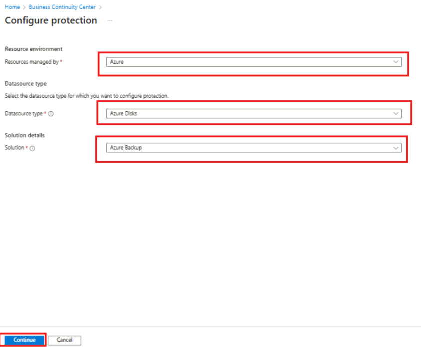 屏幕截图显示了如何选择数据源类型作为 Azure 磁盘。