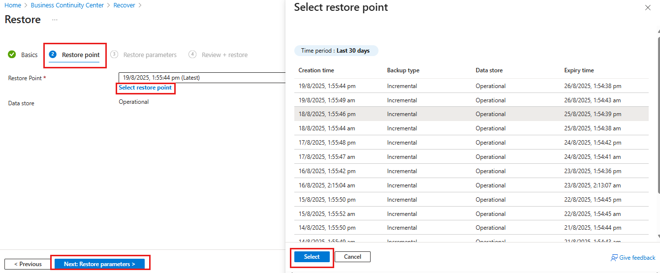 屏幕截图显示了选择用于 Azure 磁盘还原的还原点。