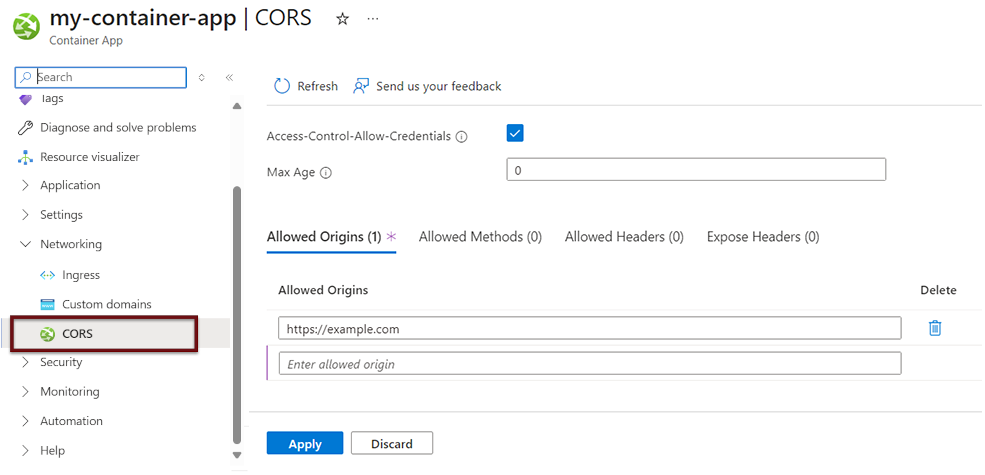 屏幕截图显示如何在 Azure 门户中启用 CORS。