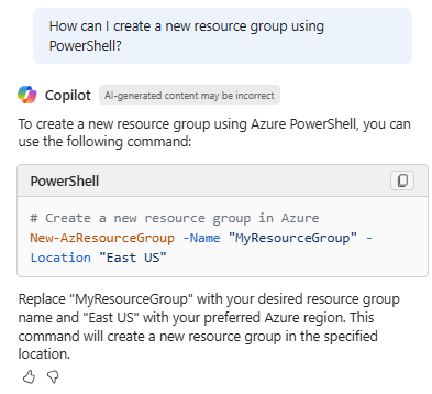 Copilot in Azure 的屏幕截图,其中提供了用于新建资源组的 PowerShell cmdlet。