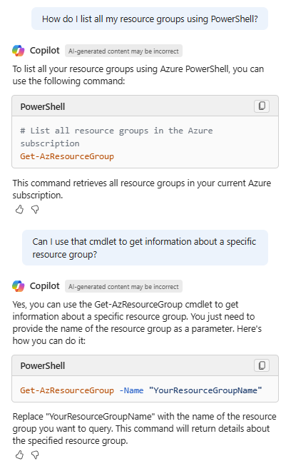 Microsoft Copilot in Azure 的屏幕截图,其中提供了用于列出资源组的 PowerShell cmdlet。