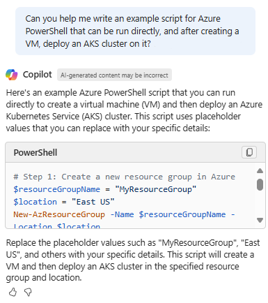 Copilot in Azure 的屏幕截图,其中提供了一个用于创建 VM 并部署 AKS 群集的 PowerShell 脚本。