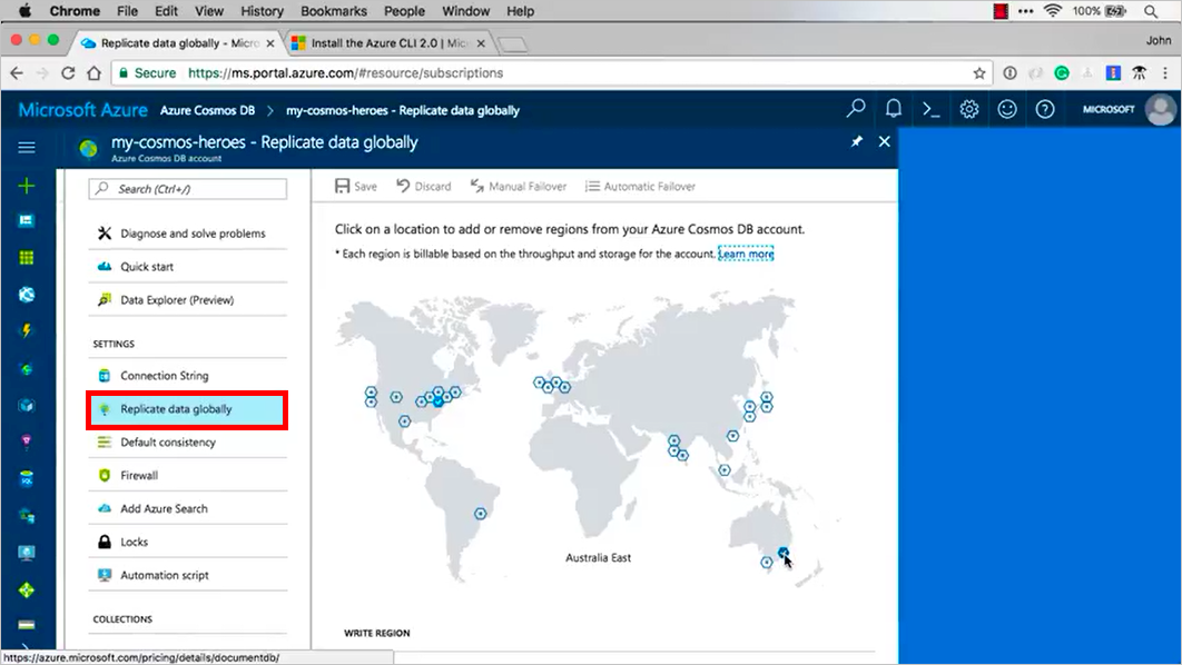 屏幕截图显示了 Azure Cosmos DB 帐户,其中选择了“全局复制数据”。