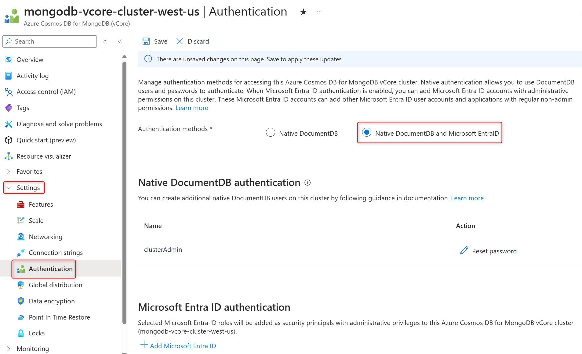 显示如何在现有群集上启用 Microsoft Entra ID 身份验证方法的屏幕截图。
