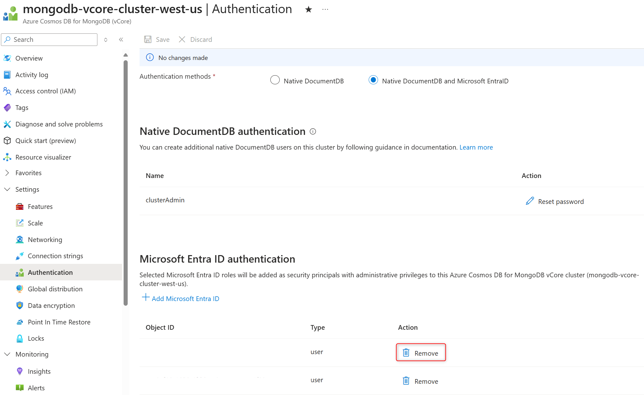 显示用于从群集中删除Microsoft Entra ID 用户和安全主体的“删除”图标的位置的屏幕截图。