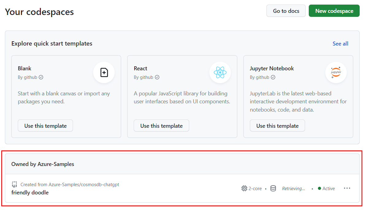 所有运行的 codespace 的屏幕截图,包括它们的状态和模版。