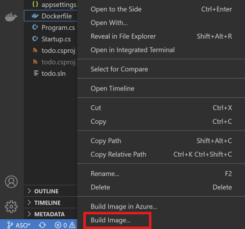 Visual Studio Code 中的上下文菜单的屏幕截图,其中选择了“生成映像”选项。