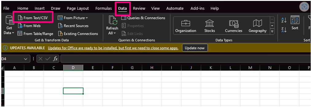 显示 Excel 的“自文本/CSV”选项的屏幕截图。