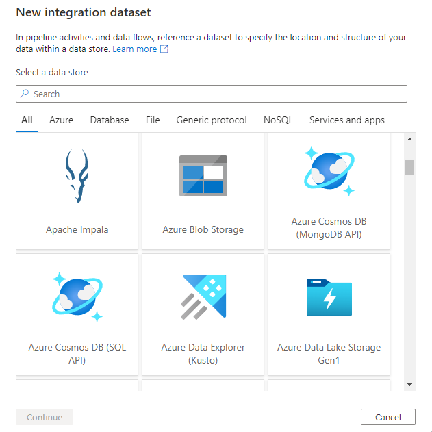 显示“新建集成数据集”窗口,可在其中选择任何受支持的 Azure Synapse 连接器的链接服务的类型。