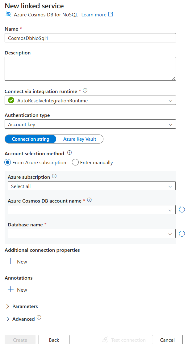 Azure Cosmos DB 的链接服务配置的屏幕截图。