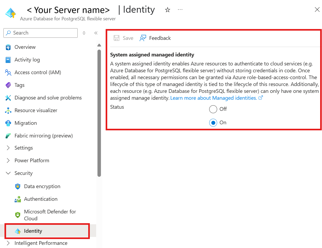 Azure Database for PostgreSQL 服务器中系统分配的托管标识配置的屏幕截图。