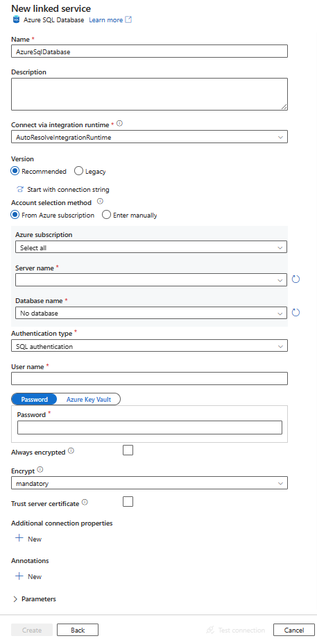 Azure SQL 数据库链接服务的配置的屏幕截图。