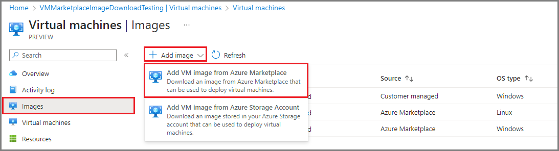 此屏幕截图显示 Azure 门户中 Azure Stack Edge 设备的“虚拟机”页面上,用于从 Azure 市场添加 VM 映像的选项。