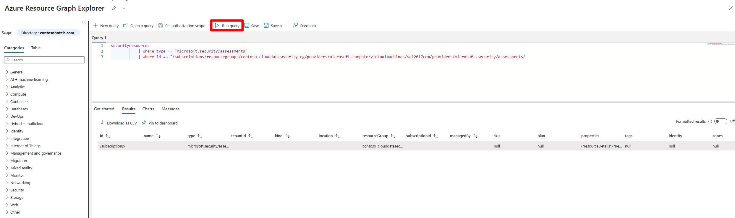 Azure Resource Graph 资源管理器的屏幕截图,其中显示了上一屏幕截图中建议的结果。