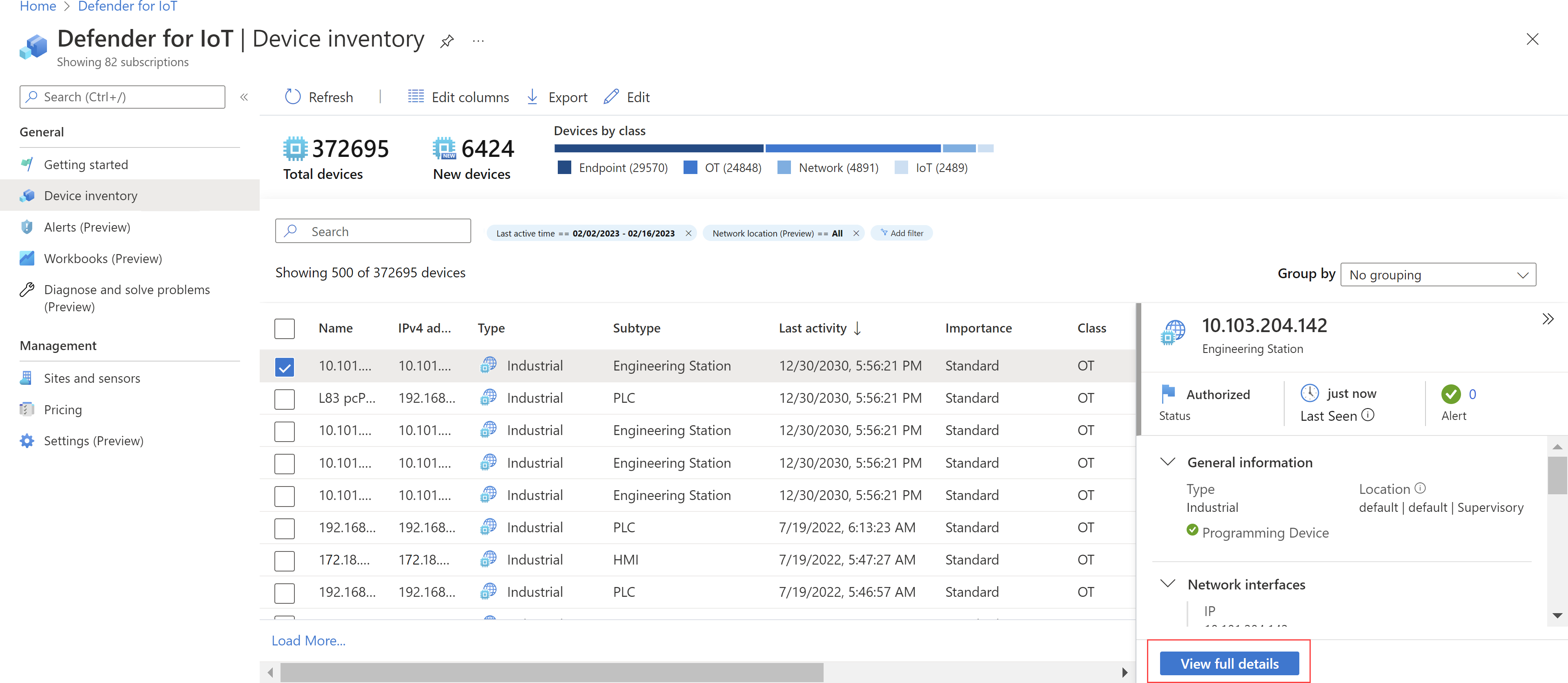 Azure 门户中的设备详细信息窗格和“查看完整详细信息”按钮的屏幕截图。