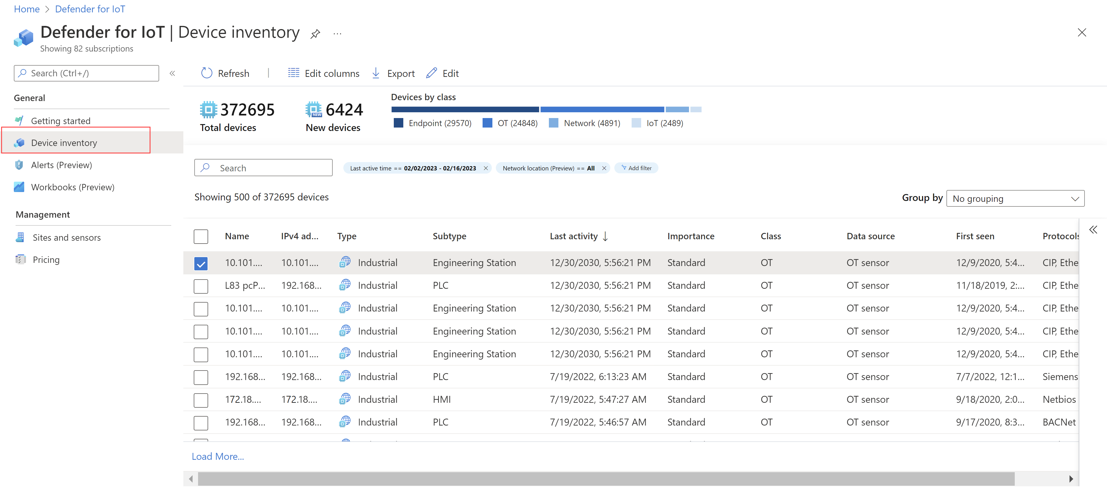 Azure 门户中的“设备清单”页的屏幕截图。