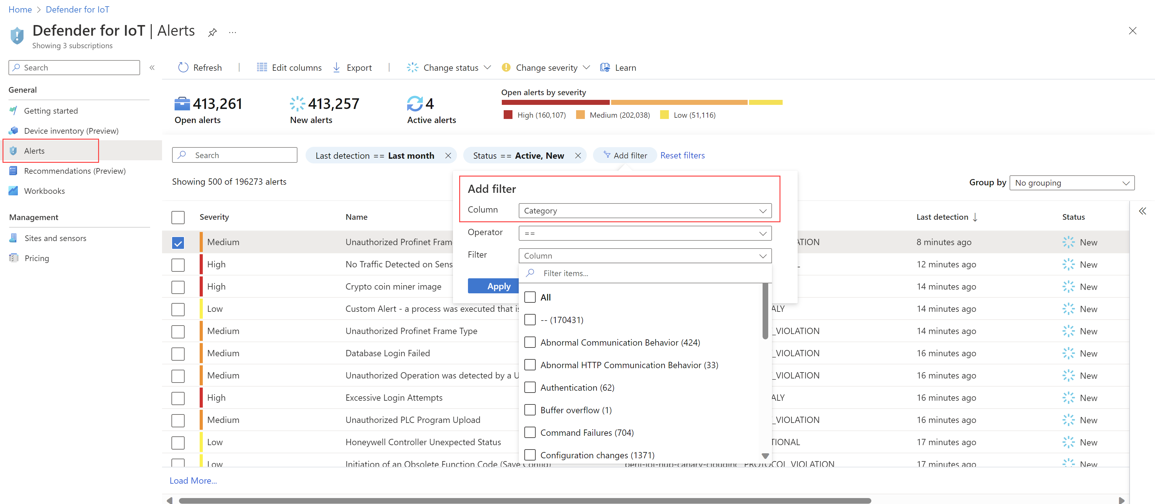 Azure 门户的“警报”页面中的“类别”筛选器选项的屏幕截图。