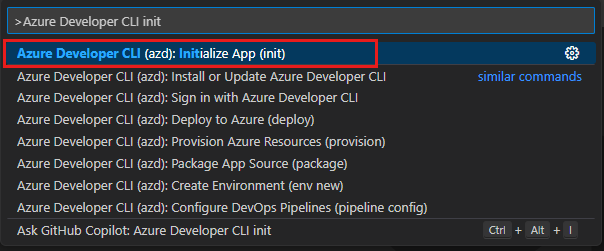 Visual Studio Code 命令面板的屏幕截图,其中突出显示了“Azure Developer CLI (azd): init”。
