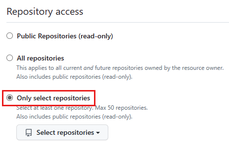 显示 GitHub 存储库访问权限选项的屏幕截图。突出显示了“仅选择存储库”选项。