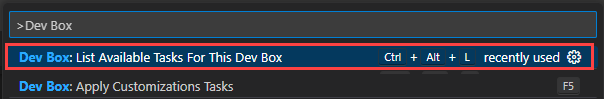 Visual Studio Code 中 Dev Box 命令面板的屏幕截图,其中显示了“列出可用任务”的命令。