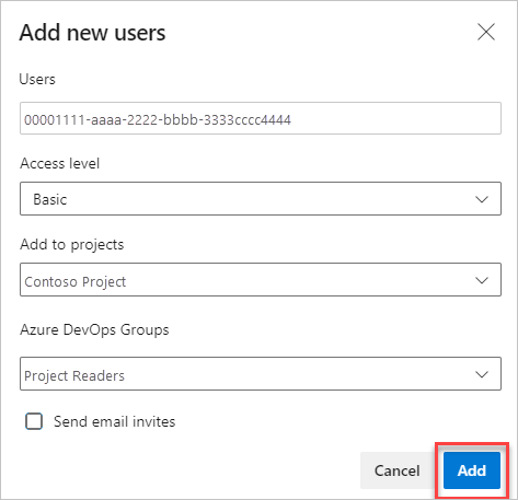 Azure DevOps 中“添加新用户”对话框的屏幕截图,其中显示了用户电子邮件、访问级别、项目和组分配的字段。
