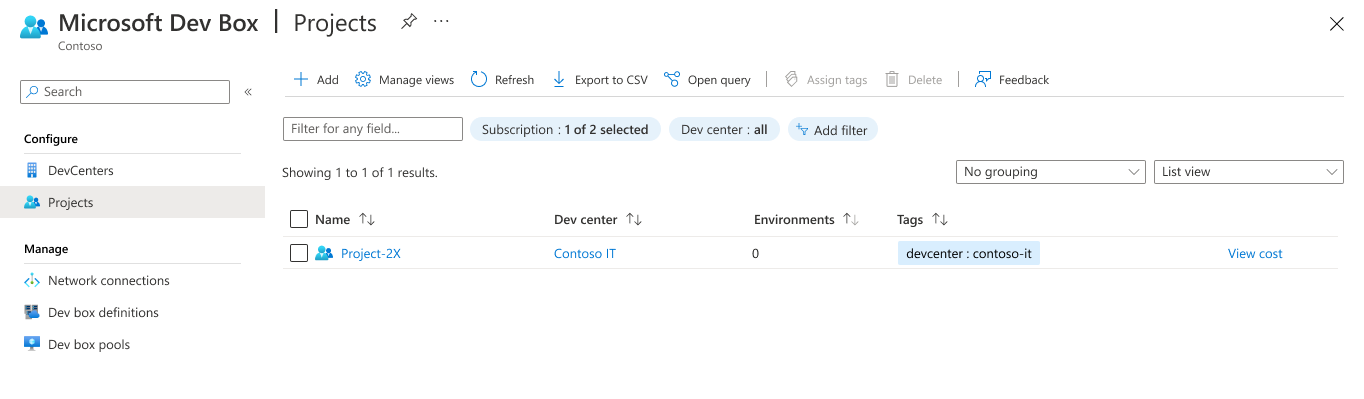 Azure 门户中“项目”列表的截图,其中一个项目被选中以分配 DevCenter 角色。