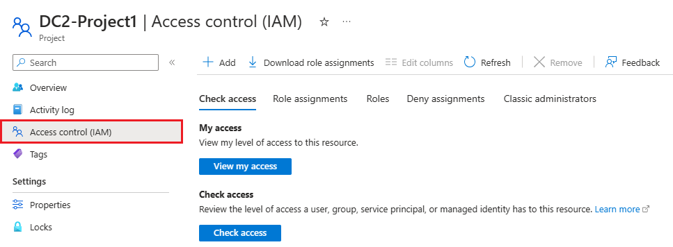 项目访问控制(IAM)选项卡的屏幕截图,其中显示了 Azure 门户中的角色分配。