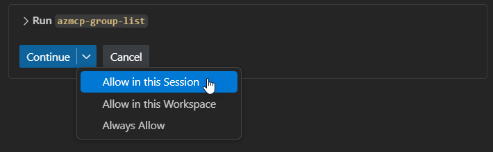 显示可用于运行 Azure MCP 服务器作的选项的屏幕截图。