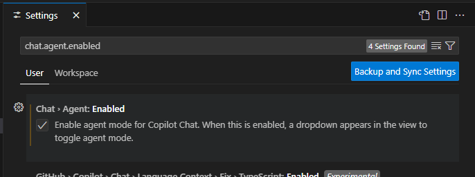 显示设置对话框的屏幕截图,设置已筛选为 chat.agent.enabled。