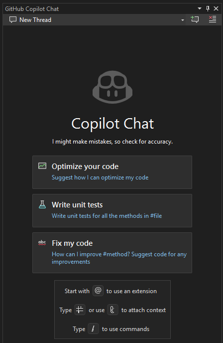 显示 Visual Studio 2022 中 GitHub Copilot 聊天窗口的屏幕截图。