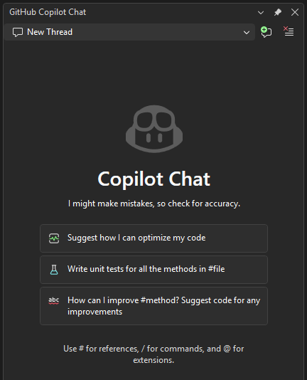 显示 Visual Studio 2026 中 GitHub Copilot 聊天窗口的屏幕截图。