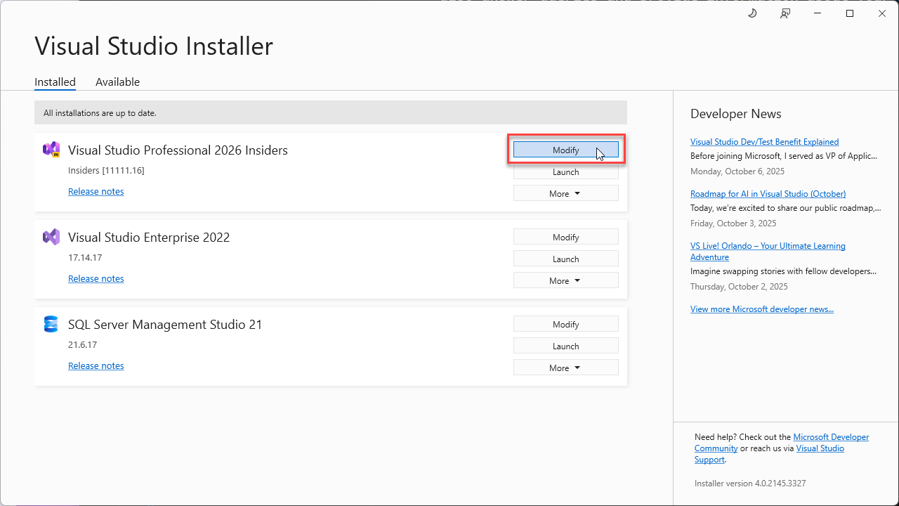 显示 Visual Studio 安装程序的屏幕截图,其中突出显示了“修改”按钮。