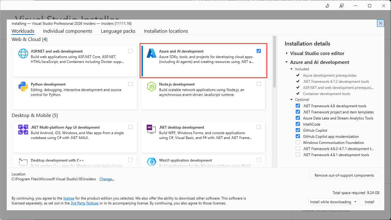 显示 Visual Studio 安装程序的可用工作负载的屏幕截图,其中已选中并突出显示 Azure AI 开发选项。