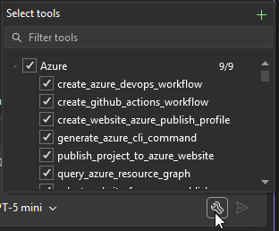 Visual Studio 2026 中单击了选择工具按钮的聊天窗格屏幕截图。