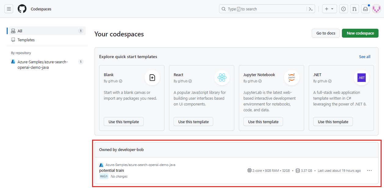 所有正在运行的 Codespace 的屏幕截图,包括其状态和模板。