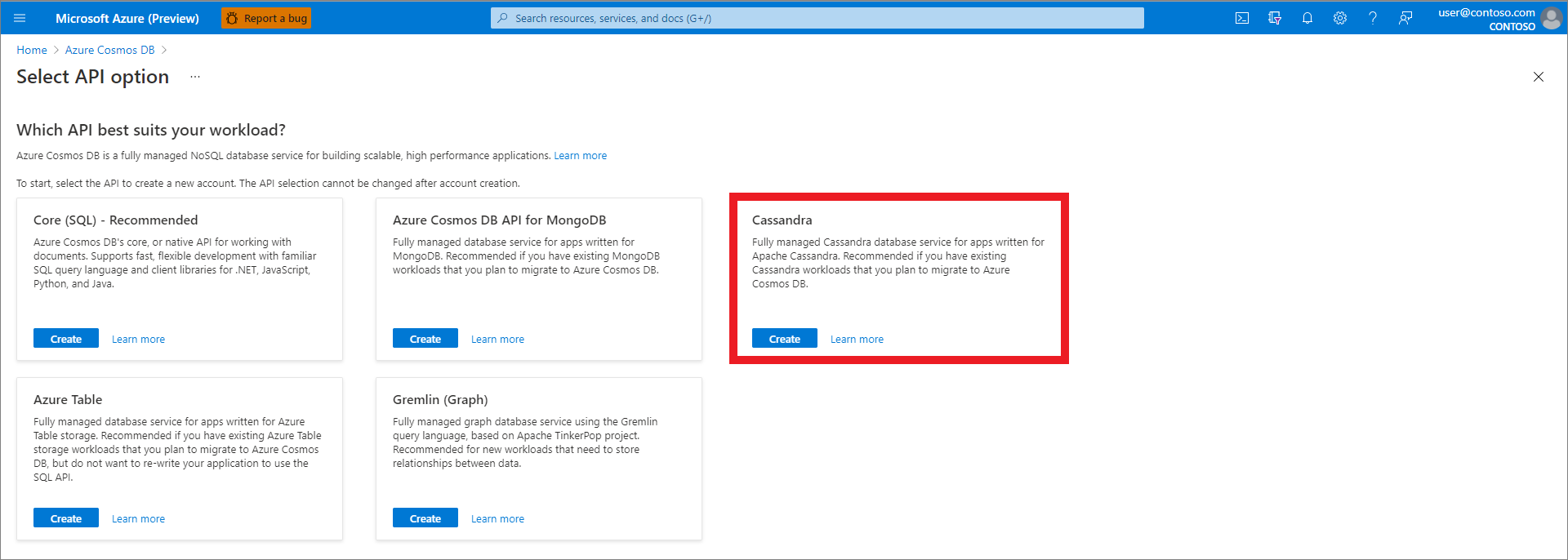 Azure 门户,创建资源,选择 API 选项,选择 Cassandra。