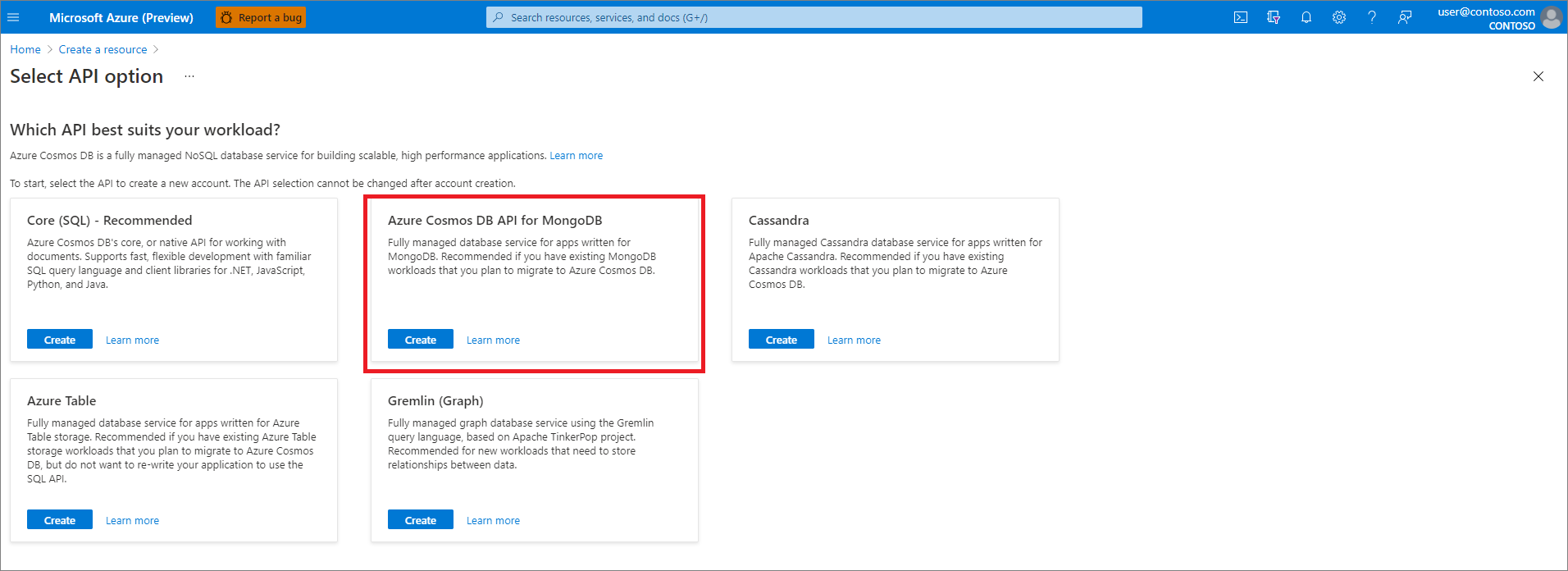 在 Azure 门户中,创建资源,选择 API 选项,选择支持 MongoDB 的 Azure Cosmos DB。