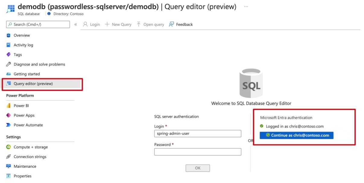 Azure 门户的屏幕截图,其中显示了 SQL 数据库查询编辑器。